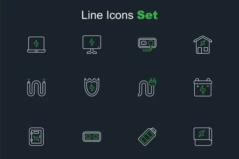 Set line Book about electricity, Battery charge, Electrical outlet, panel, .. Stock Illustration