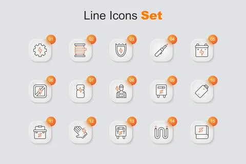 Set line Book about electricity, Electric cable, Electrical panel, glove, T.. Stock Illustration