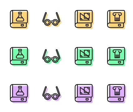 Set line Book about geometry, Chemistry book, Glasses and History icon. Vector Stock Illustration