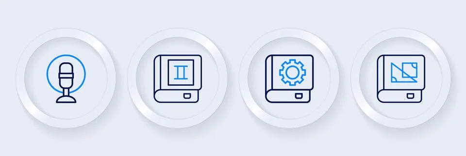Set line Book about geometry, User manual,  and Microphone icon. Vector Illustrazione stock