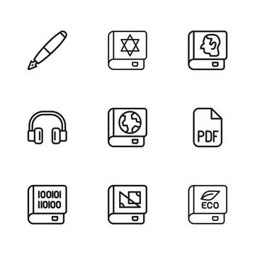 Set line Book about geometry, PDF file document, ecology, Earth globe and b.. Stock Illustration