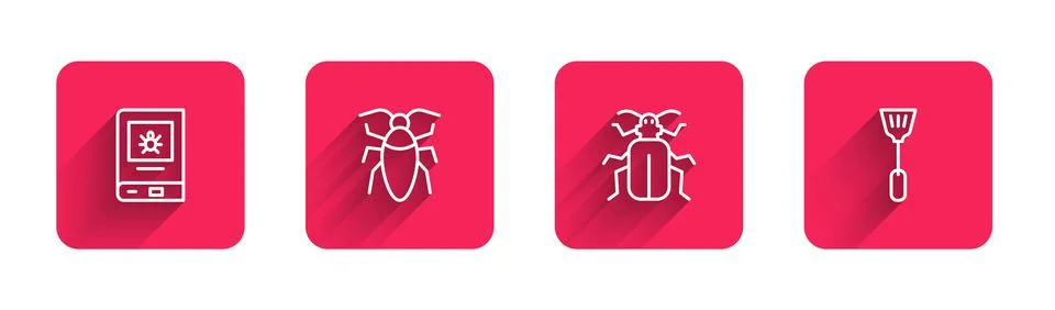 Set line Book about insect, Cockroach, Chafer beetle and Fly swatter with lon Illustrazione stock