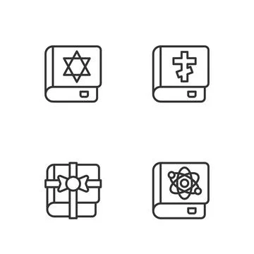 Set line Book about physics, as gift, Jewish torah book and Holy bible icon Stock Illustration