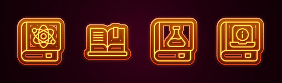 Set line Book about physics, Open book, Chemistry and User manual. Glowing neon Stock Illustration