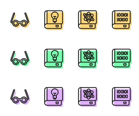 Set line Book about physics, Glasses, User manual and Books programming icon Stock Illustration