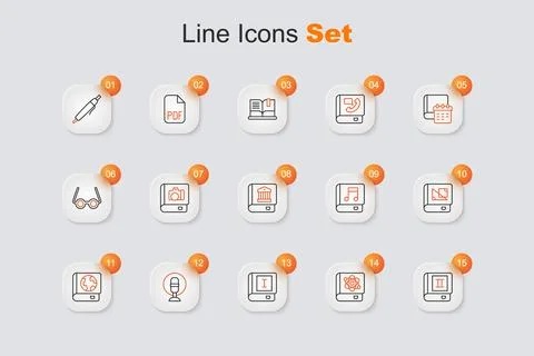 Set line Book, about physics, Microphone, Earth globe and book, geometry, A.. Stock Illustration