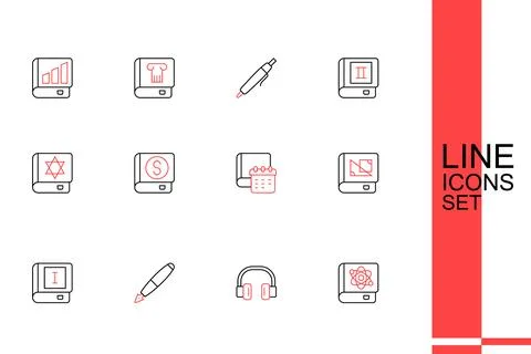 Set line Book about physics, Headphones, Fountain pen nib, geometry, Daily .. Stock Illustration