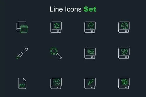 Set line Book about physics, weapon, PDF file document, Phone book, with ma.. Stock Illustration