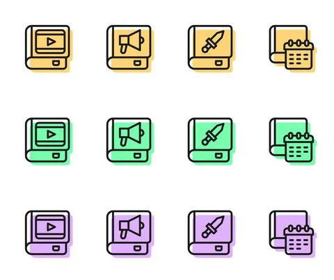 Set line Book about weapon, cinema, and Daily paper notepad icon. Vector Stockillustratie