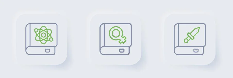 Set line Book about weapon, women and physics icon. Vector Stock Illustration