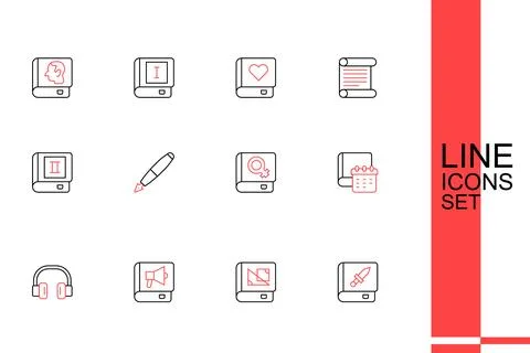 Set line Book about weapon, geometry, Headphones, Daily paper notepad, wome.. 库存插图