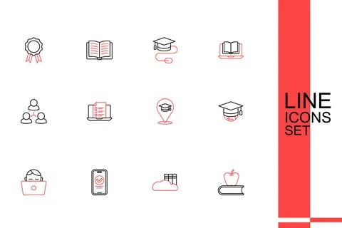 Set line Book with apple, Cloud or online library, Online quiz, test, surve.. Stock Illustration