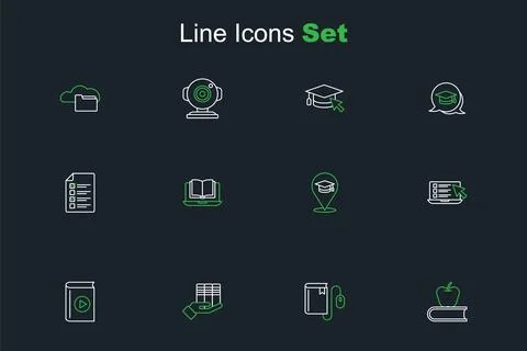Set line Book with apple, Electronic book mouse, donation, Audio, Online qu.. Stock Illustration