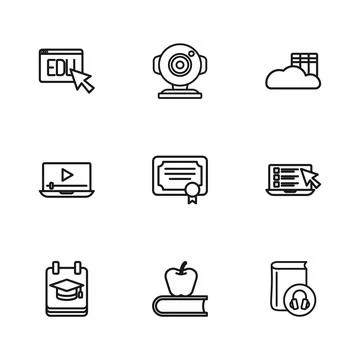 Set line Book with apple, Online quiz, test, survey, Audio book, Certificat.. Stock Illustration
