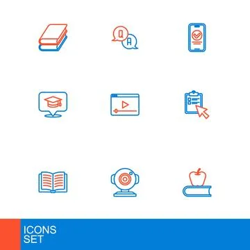 Set line Book with apple, Web camera, Open book, Online quiz, test, survey,.. Stock Illustration