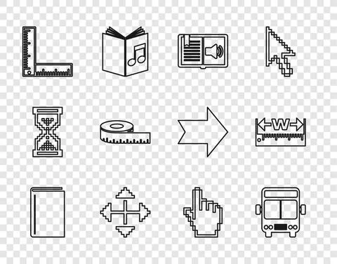 Set line Book, Bus, Audio book, Pixel arrows in four directions, Folding ruler Stock Illustration