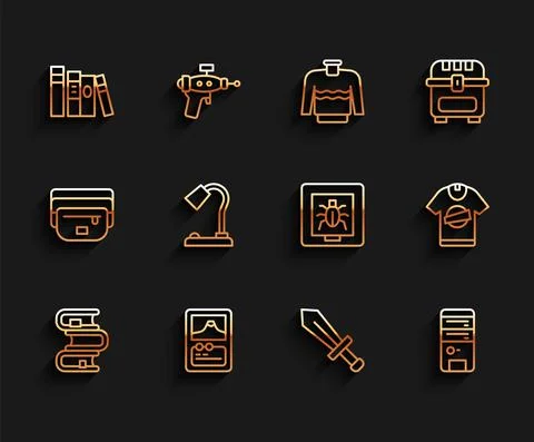 Set line Book, Card game, Sword for, Computer, Table lamp, T-shirt and Insects イラスト素材