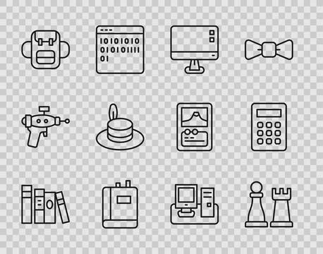 Set line Book, Chess, Computer monitor screen, School backpack, Man hat, Mo.. Stock Illustration