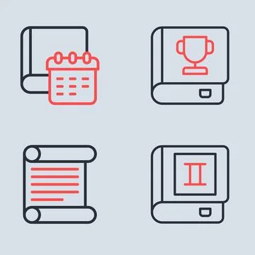 Set line Book, Decree, parchment, scroll, and Daily paper notepad icon. Vecto Illustrazione stock