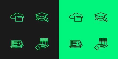 Set line Book donation, Online quiz, test, survey, Cloud or online library and Stock Illustration