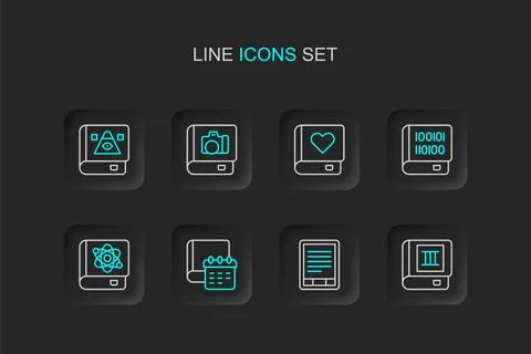 Set line Book, E-Book reader, Daily paper notepad, about physics, Books pro.. Stock Illustration