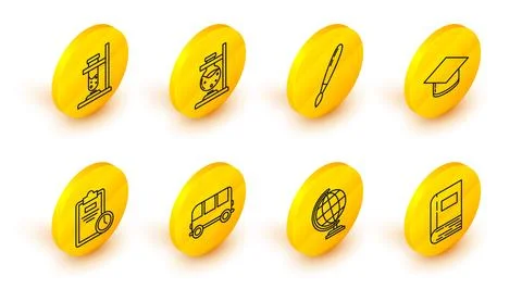 Set line Book, Earth globe, School Bus, Exam sheet with clock, Graduation c.. 스톡 일러스트