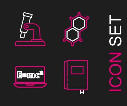 Set line Book, Equation solution, Chemical formula and Microscope icon. Vecto Illustrazione stock