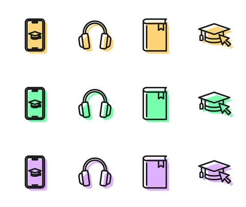 Set line Book, Graduation cap on mobile, Headphones and with cursor icon. Vector Illustrazione stock