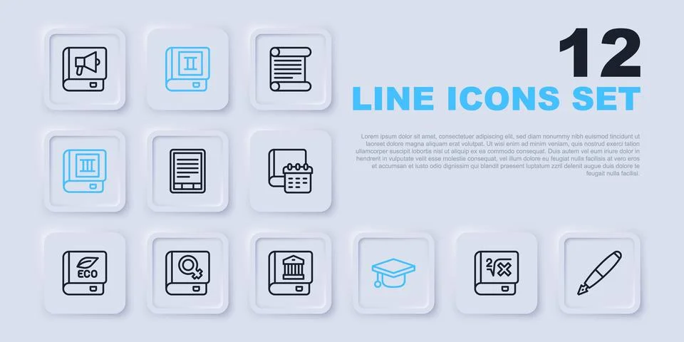 Set line Book with mathematics, Fountain pen nib, E-Book reader, Graduation.. Stock Illustration