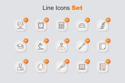 Set line Book with mathematics, Laptop, Fountain pen nib, Earth globe, Teac.. Stock Illustration