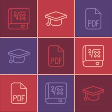 Set line Book with mathematics, PDF file document and Graduation cap icon 스톡 일러스트