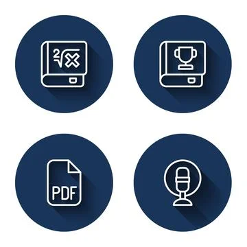 Set line Book with mathematics, PDF file document and Microphone with long .. Stock Illustration
