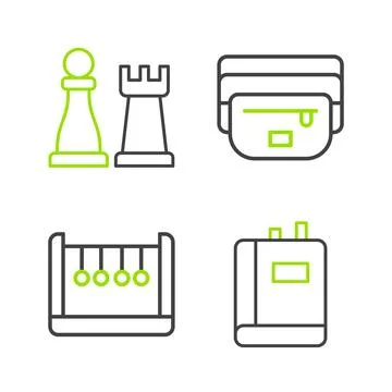 Set line Book, Pendulum, Waist bag of banana and Chess icon. Vector Stock Illustration