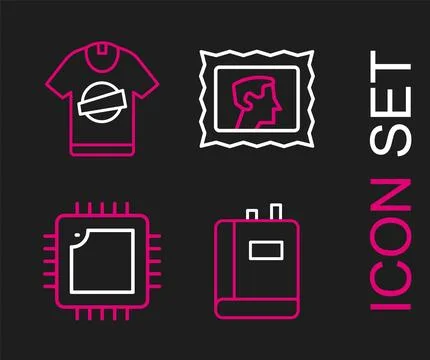 Set line Book, Processor with CPU, Postal stamp and T-shirt icon. Vector Ilustración de archivo