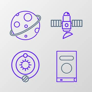 Set line Book, Solar system, Satellite and Planet icon. Vector Stock Illustration
