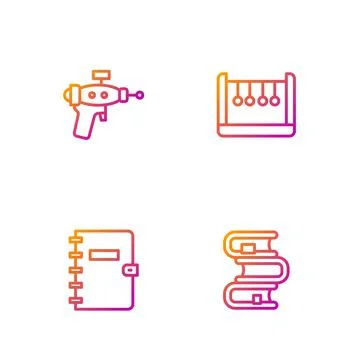 Set line Book, Spiral notebook, Ray gun and Pendulum. Gradient color icons Stock Illustration