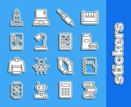 Set line Book, Spiral notebook, Burger, Audio jack, Table lamp, Crossword, .. Stock Illustration