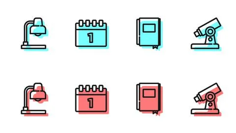 Set line Book, Table lamp, Calendar first september date and Microscope icon Illustration