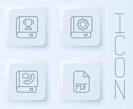 Set line Book, User manual, Phone book and PDF file document. White square bu Stock Illustration