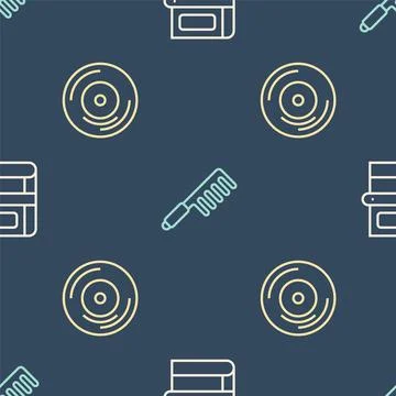 Set line Book, Vinyl disk and Hairbrush on seamless pattern. Vector Stockillustratie