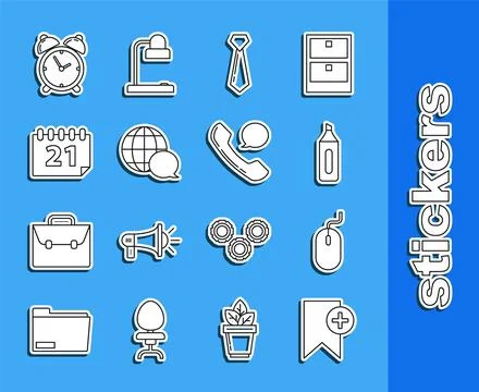 Set line Bookmark, Computer mouse, Marker pen, Tie, World map made from spe.. Stock-Illustration