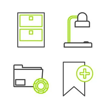 Set line Bookmark, Folder settings with gears, Table lamp and Archive papers Stock Illustration