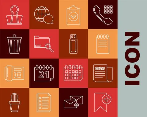 Set line Bookmark, News, Notebook, Completed task, Search concept with folder Stock Illustration