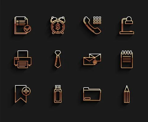 Set line Bookmark, USB flash drive, Document and check, folder, Pencil, Tie Stock Illustration