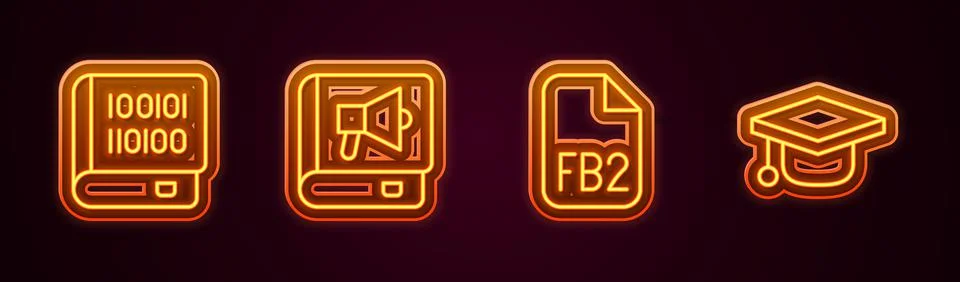 Set line Books about programming, FB2 File and Graduation cap. Glowing neon icon Stock Illustration