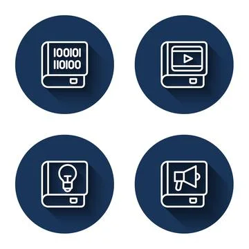 Set line Books about programming, cinema, User manual and with long shadow. Blue Illustration