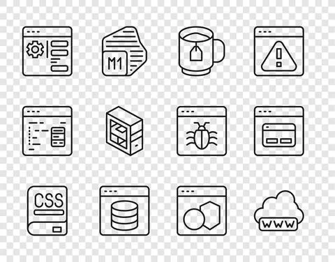 Set line Books about programming, Web development, Cup of tea with tea bag Illustrazione stock