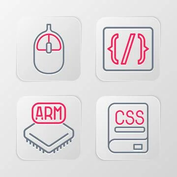 Set line Books about programming, Processor, Programming language syntax and Stock Illustration