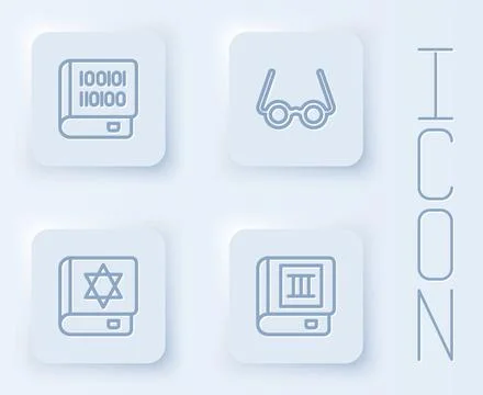Set line Books about programming, Glasses, Jewish torah book and . White squa Illustration
