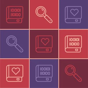 Set line Books about programming, Romance book and Magnifying glass icon. Vector Illustrazione stock